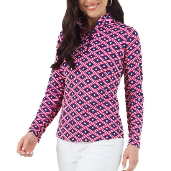 IBKUL Americana Mock Neck Top XL Navy Long Sleeve Stars Shirt Golf UPF 50 - Picture 1 of 3